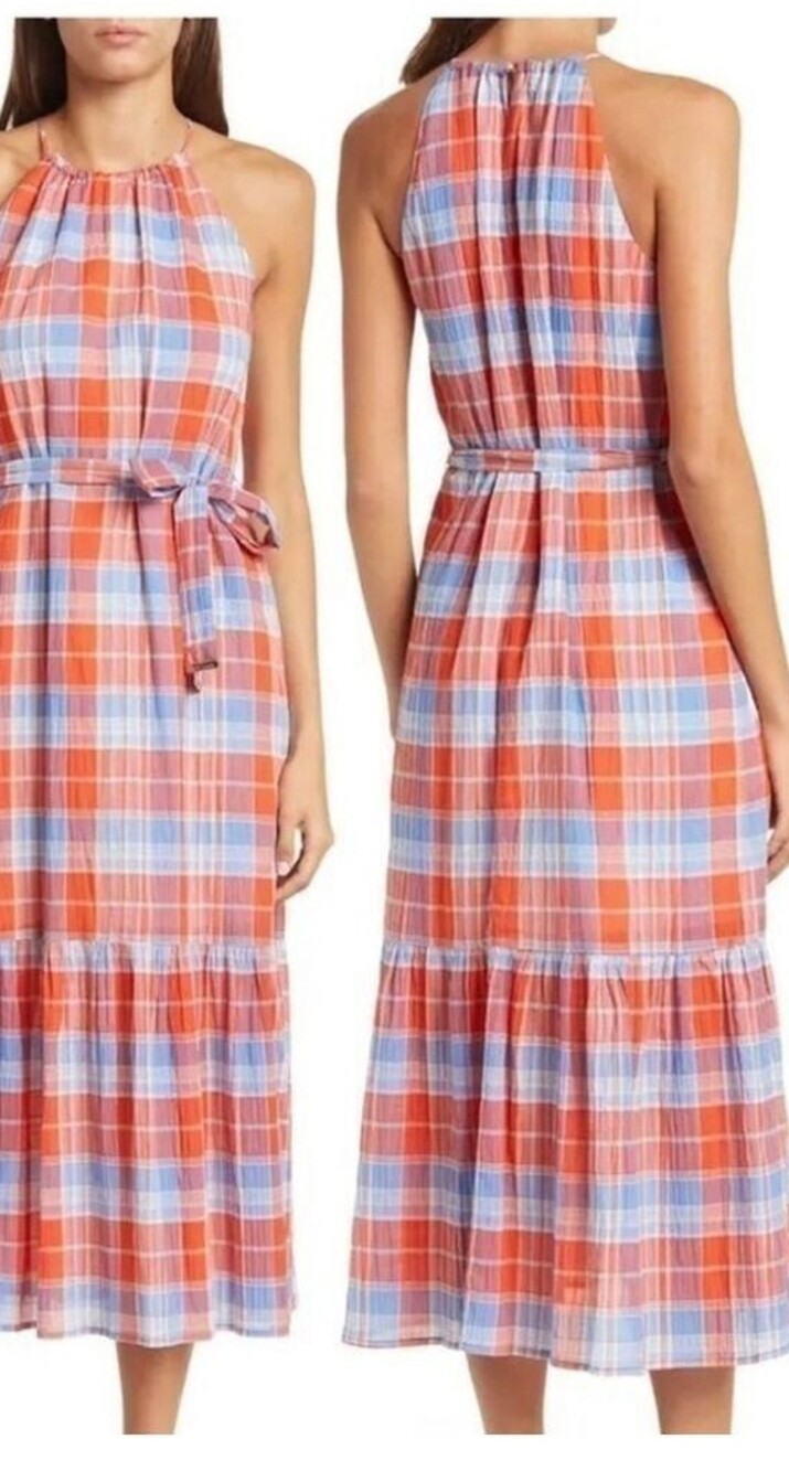 Sleeveless Plaid Halter Midi Dress in Coral & Sky Blue